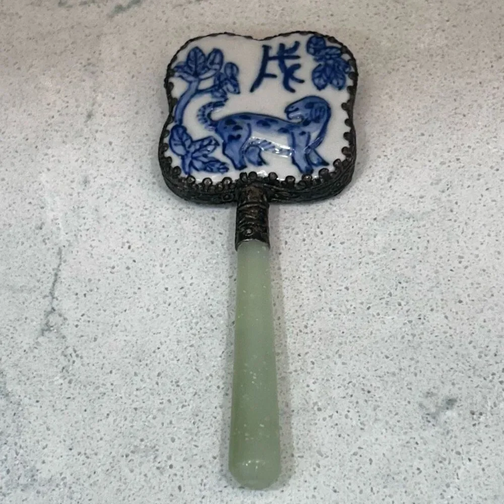 Vtg Chinese Hand Mirror Rounded Corner Squircle W/ Jade Handle & Porcelain Back